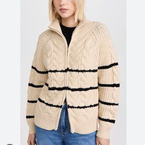 Line & Dot Bastille Striped Cable-Knit Zip-Up Sweater in Cream & Black (Size XS)